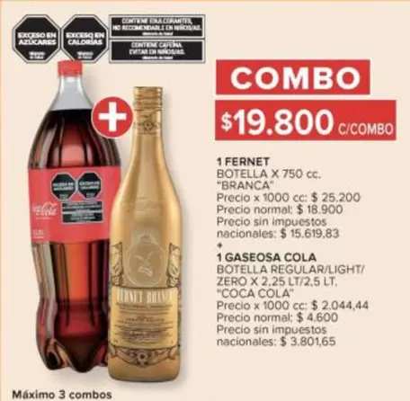 Coca cola - FERNET BOTTELLA X 750 cc. + GASEOSA COLA BOTTELLA REGULAR/LIGHT/ZERO X 2,25 LT/2,5 LT