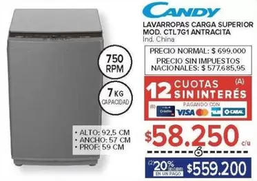 Candy - LAVARROPAS CARGA SUPERIOR MOD. CTL7G1 ANTRACITA