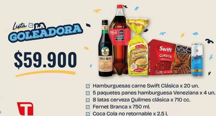 Coca cola - Hamburguesas carne Swift Clásica x 20 un. + 5 paquetes panes hamburguesa Veneziana x 4 un. + 8 latas cerveza Quilmes clásica x 710 cc. + Fernet Branca x 750 ml + Coca Cola no retornable x 2.5 L