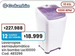 Columbia - Lavarropas semiautomático sin bomba Lsc10000 Cod. 483296
