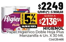 Higienol - Papel Higi00enico Doble Hoja Plus Manzanilla 4 Un. X 30 Mt. C00d:26466