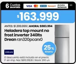 Drean - Heladera top mount no frost inverter 340lts rzn320pc arx0
