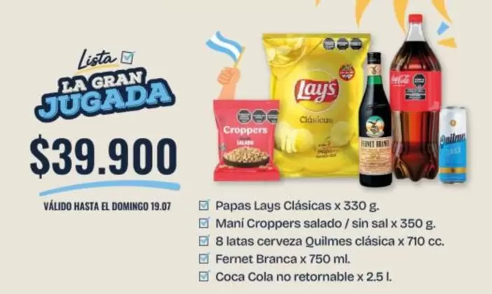 Coca cola - Papas Lays Clásicas, Mani Croppers, latas cerveza Quilmes clásica, Fernet Branca, Coca Cola