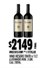 Resero - VINO RESERO TINTO x 1 LT Cód. 29296