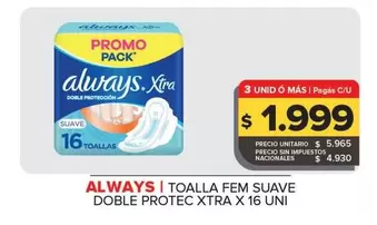 Always - Toalla Fem Suave Doble Protec Xtra