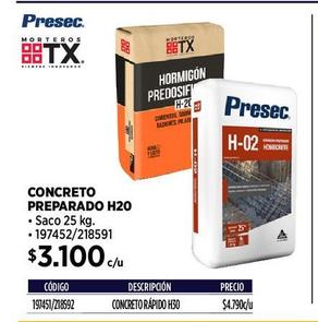 MORTERO CONCRETO PREPARADO H-20 PRESEC 25 KG