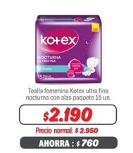 Kotex - Toalla Femenina Ultra Fina Nocturna Con Alas Paquete 15 Un.