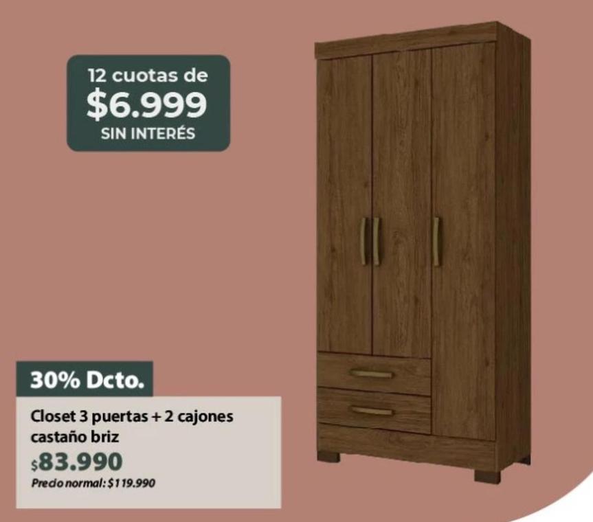 Castaño - Closet 3 Puertas + 2 Cajones  Briz
