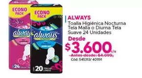 Always - Toalla Higiénica Nocturna Tela Malla O Diurna Tela Suave