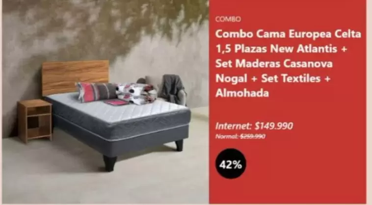 Celta - Combo Cama Europea  1.5 Plazas New Atlantis + Set Madera Casanova Nogal + Set Textiles + Almohada