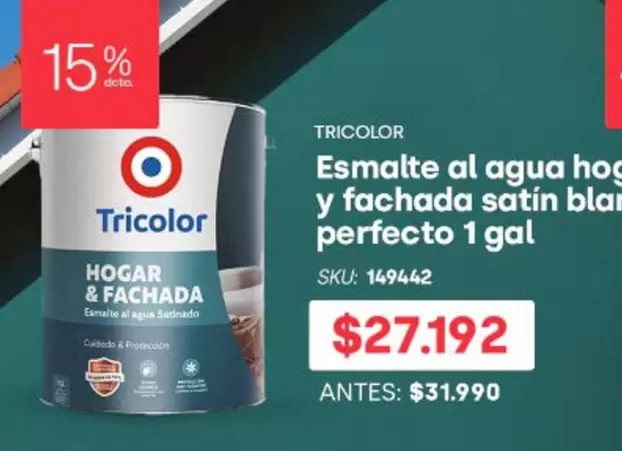 Tricolor - Esmalte Al Agua Hogar Y Fahada Satin Blan Perfecto 1 Gal