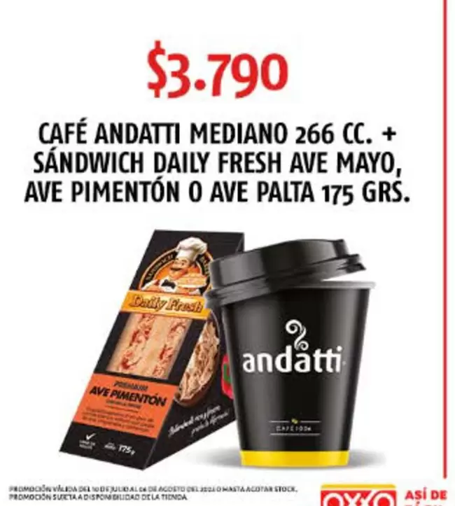 Daily - Cafe Andatti Mediano 266 Cc. + Sandwich  Fresh Ave Mayo, Ave Pimentón O Ave Palta 175 Grs.