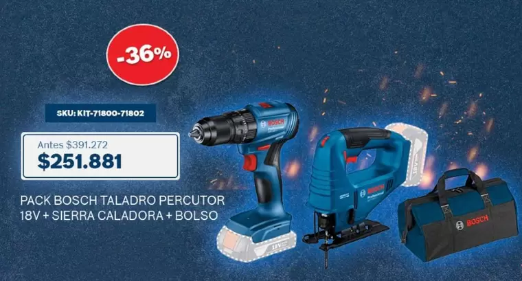 Bosch - Pack  Taladro Percutor 18V + Sierra Caladora + Bolso