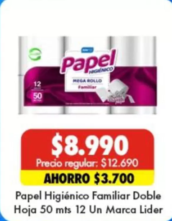 Mega - Papel Higiénico Familiar Hoja 50 Mts 12 Un Marca Lider