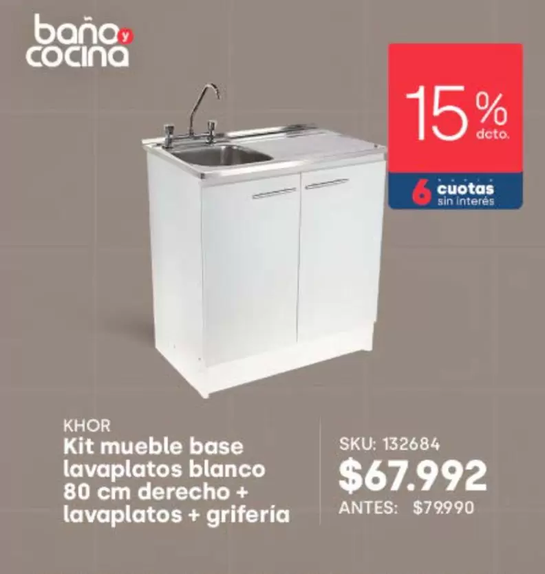 Kit Mueble Base Lavaplatos Blanco 80 Cm Derecho + Lavaplatos + Griferia