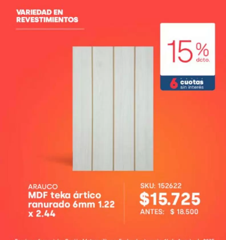 Arauco - MDF teka artico ranufatado 6mm 1.22 x 2.44
