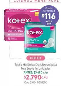 Kotex - Toalla Higiénica Ultradeligada Tela Suave 16 Unidades