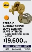 Yale - Cerrojo Auxiliar Simple Llave Exterior Llave Interior