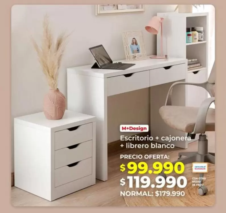 Escritorio + Cajonera + Librero Blanco