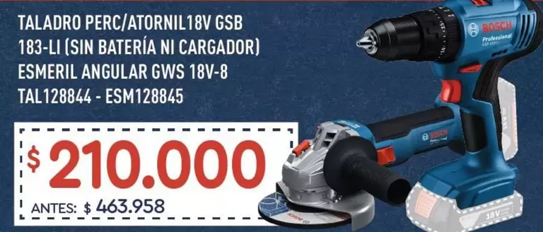 Bosch - Taladro Perc/atornil 18v Csb 183-li (sin Batería Ni Cargador) Esmeril Angular Gws 18v-8