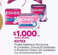 Kotex - Toalla Higiénica Nocturna 8 Unidades, Diurna 8 Unidades O Protector Diario 20 Unidades
