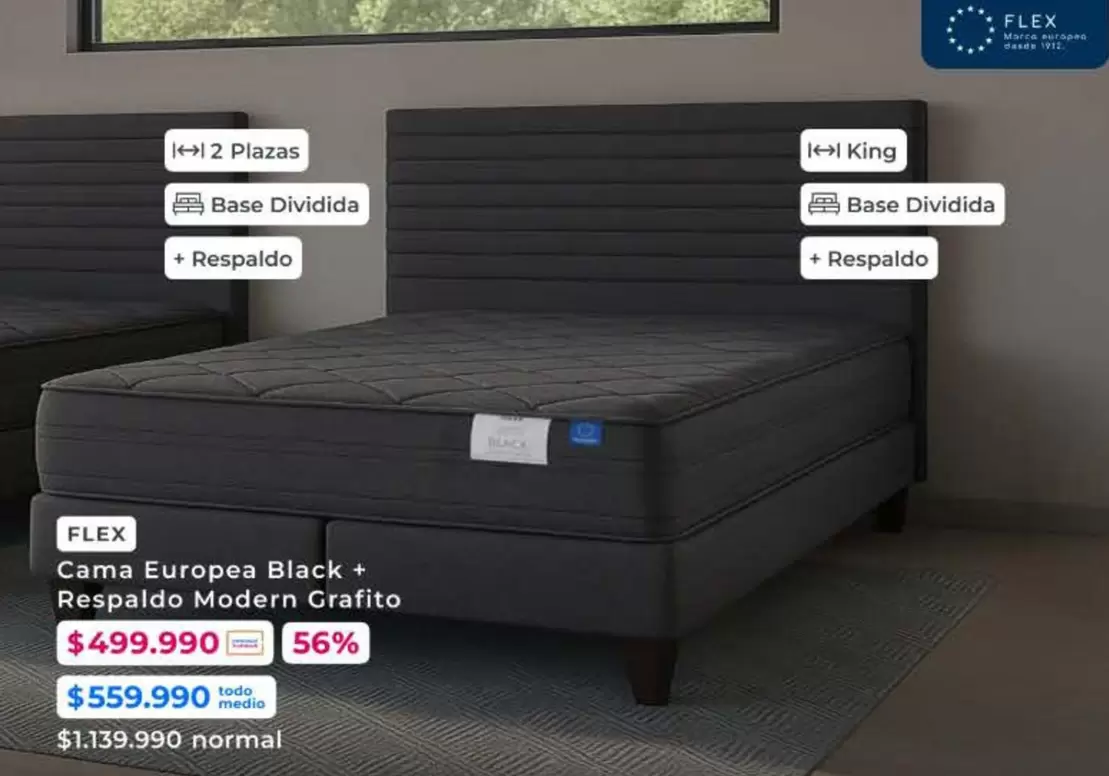 Flex - Cama Europea Black + Respaldo Modern Grafito