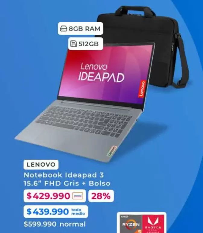 Lenovo - Notebook Ideapad 3 15.6" Fhd Gris + Bolso