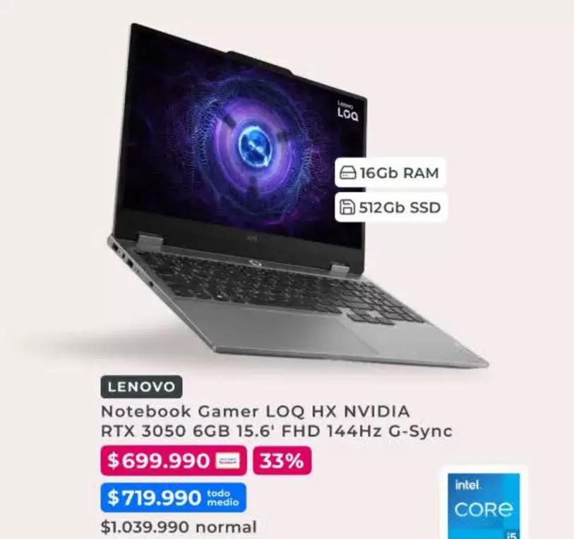 Lenovo - Notebook Gamer Loq Hx Nvidia RTX 3050 6GB 15.6" FHD 144HZ G-Sync