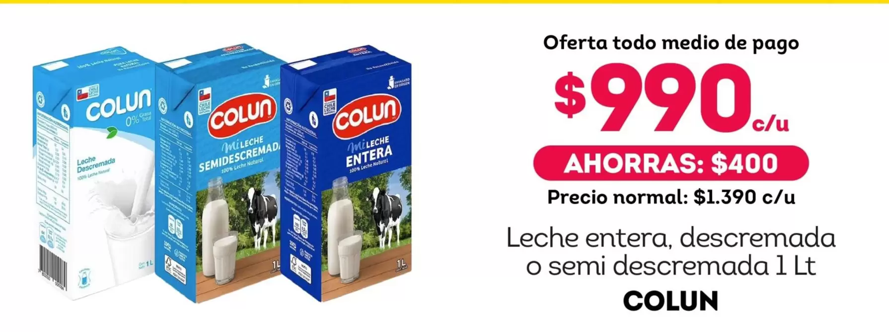 Colun - Leche Entera, Descermada O Semi Descermada