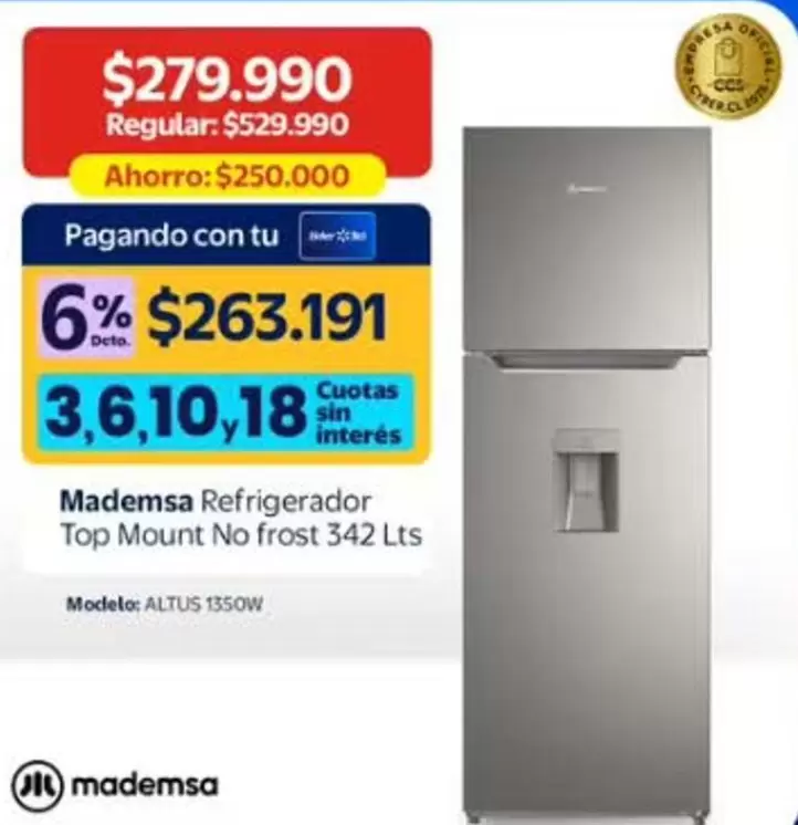 Mademsa - Madermsa Refrigerador Top Mount No Frost 342 Lts