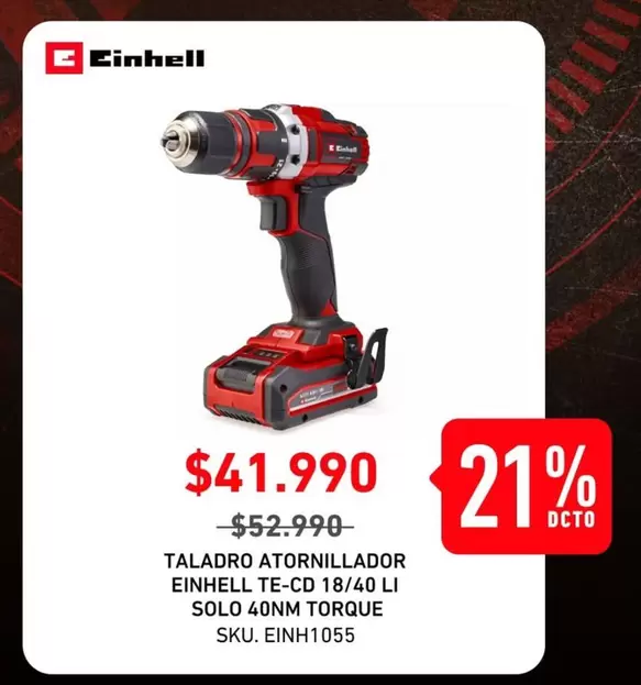 Einhell - Taladro Atornillador Te-cd 18/40 Li Solo 40nm Torque Sku. Einh1055