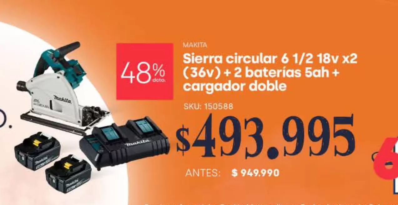 Makita - Sierra Circular 6 1/2 18v X2 (36% + 2 Baterias 5ah + Cargador Doble