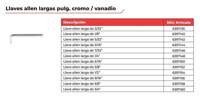 Llaves Allen Largas Pulg. Cromo / Vanadio