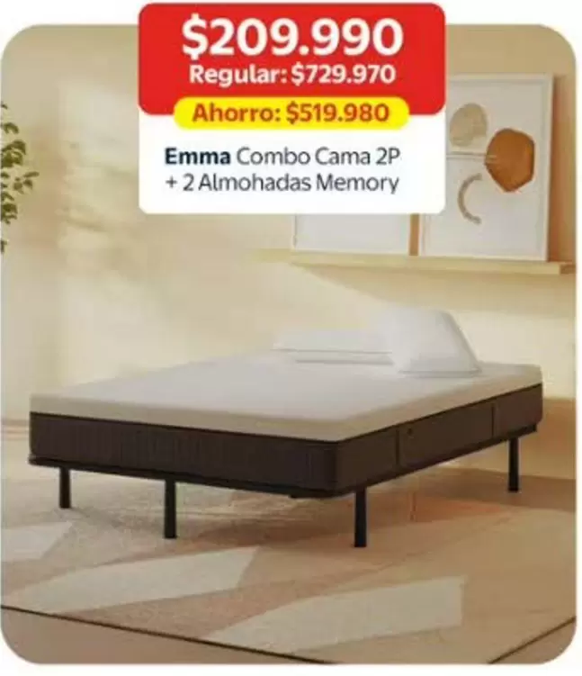 Emma Combo Cama 2P + 2 Almohadas Memory