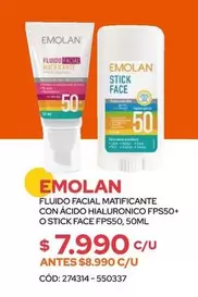 Emolan - Fluido Facial Matificante Con Acido Hialuronico Fps50+ O Stick Face Fps50