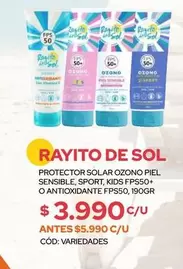 Rayito de Sol - Protector Solar Ozino Piel Sensible, Sport, Kids Fps50+ O Antioxidante Fps50