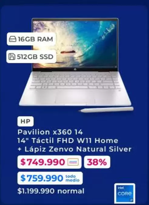 HP - Pavilion X360 14" Tactil Fhd W11 Home + Lapiz Zenvo Natural Silver