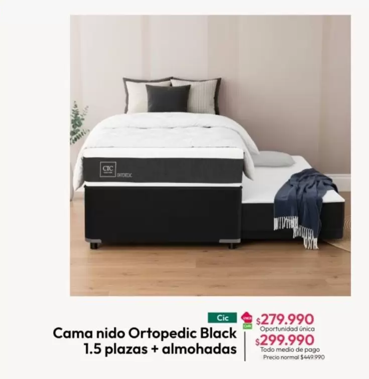 Cic - Cama Nido Ortopedic Black 1.5 Plazas + Almohadas