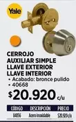 Yale - Cerrojo Auxiliar Simple Llave Exterior Llave Interior