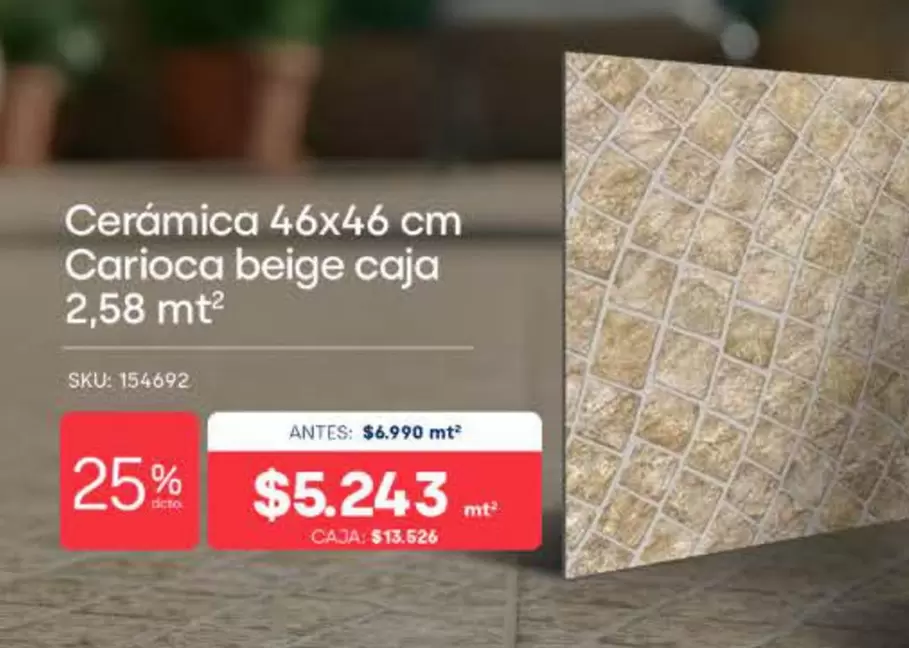 Ceramica 46x46 Cm Carioca Beige Caja 2.58 Mt