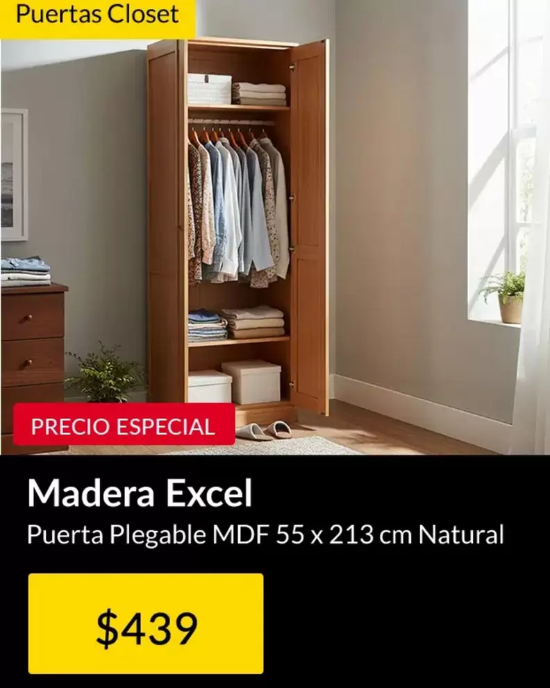 Puerta Plegable MDF 55 X 213 Cm Natural