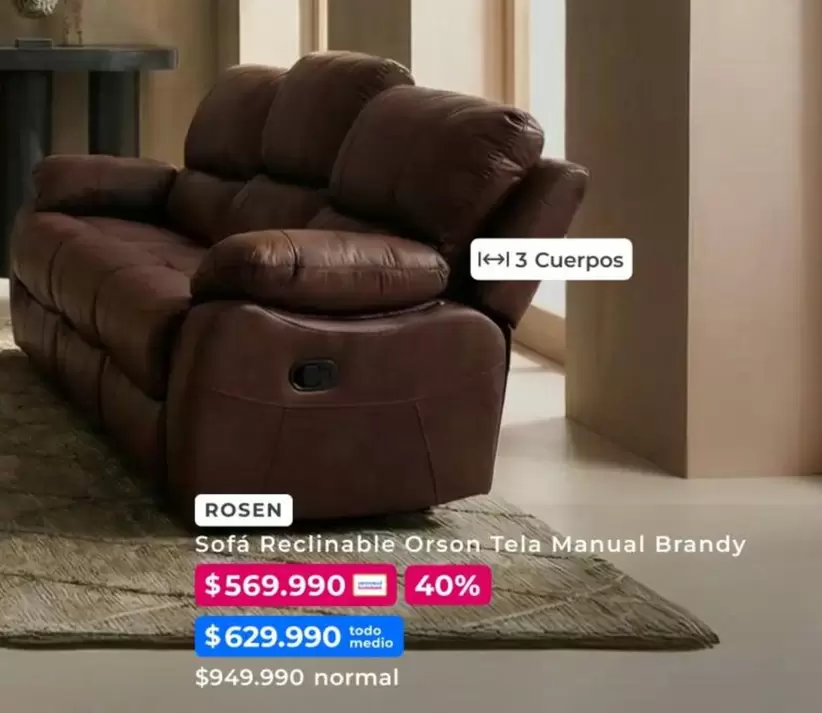 Rosen - Sofa Reclinabile Orson-Tela Manual Brandy