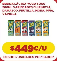 Yogu Yogu - Bebida Láctea  200ml Variedades Chirimoya, Damasco, Frutilla, Mora, Piña, Vainilla