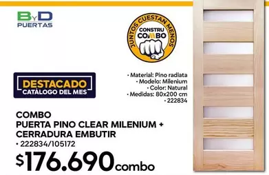 Clear - Combo Puerta Pino Millenium + Cerraadura Embutir
