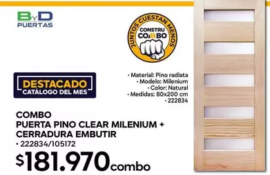 Clear - Combo Puerta Pino Millenium + Cerraadura Embutir