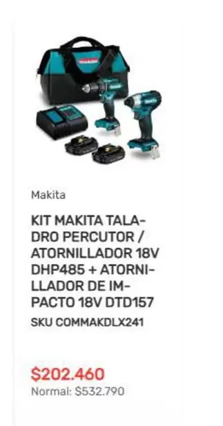 Makita - Kit  Tala- Dro Percutor / Atornillador 18v Dhp485 + Atorni- Llaador De Im- Pacto 18v Dtd157