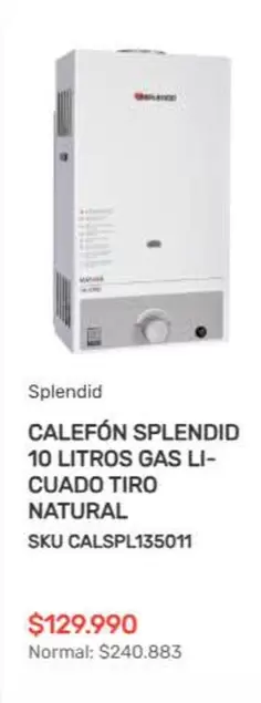 Splendid - Calefon  10 Litros Gas Li Cuado Tiro Natural