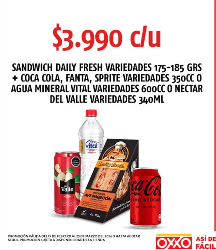 Daily - Sandwich  Fresh Variedades 175-185 Grs + Coca Cola, Fanta, Sprite Variedades 350cc O Agua Mineral Vital Variedades 600cc O Nectar Del Valle Variedades 340Ml