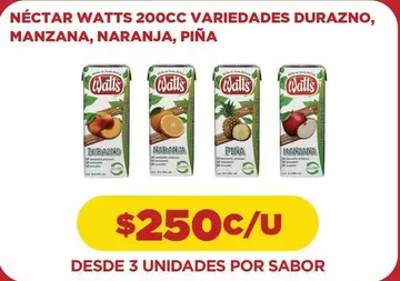 néctar Watts 200cc variedades durazno, manzana, naranja, piña
