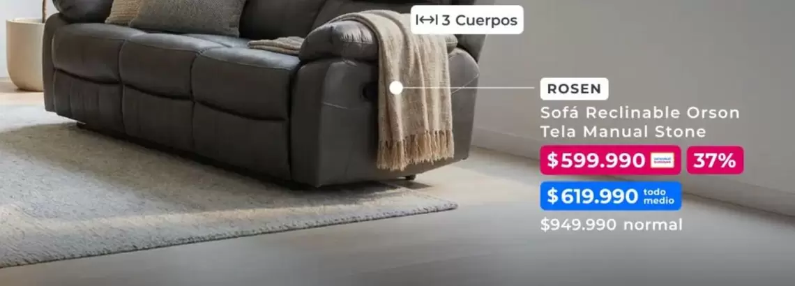 Rosen - Sofa Reclinable Orson Tela Manual Stone